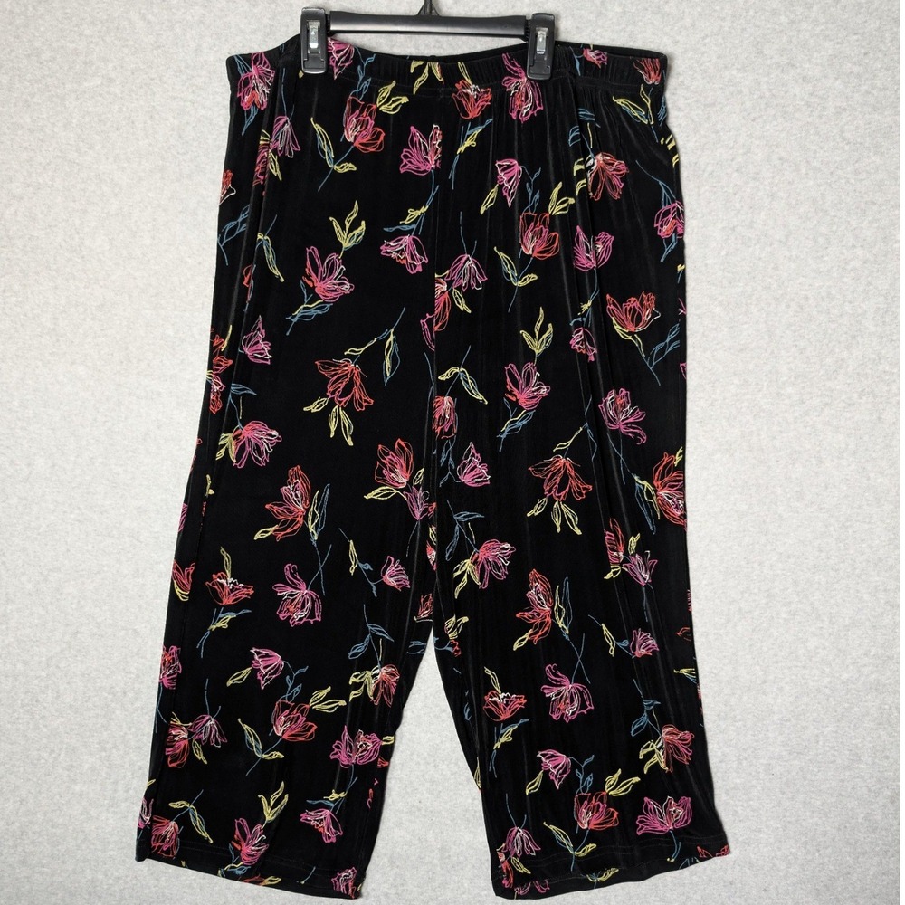 Vikki Vi Cropped Pants Woman 2X Black Floral Slinky Knit Wide Leg Made in USA
